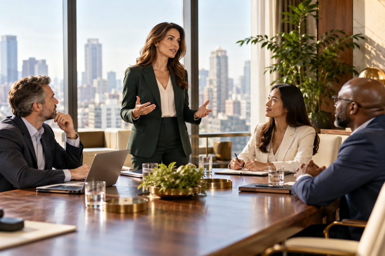 Illustrative executive presenting a recommendation to colleagues in a refined boardroom