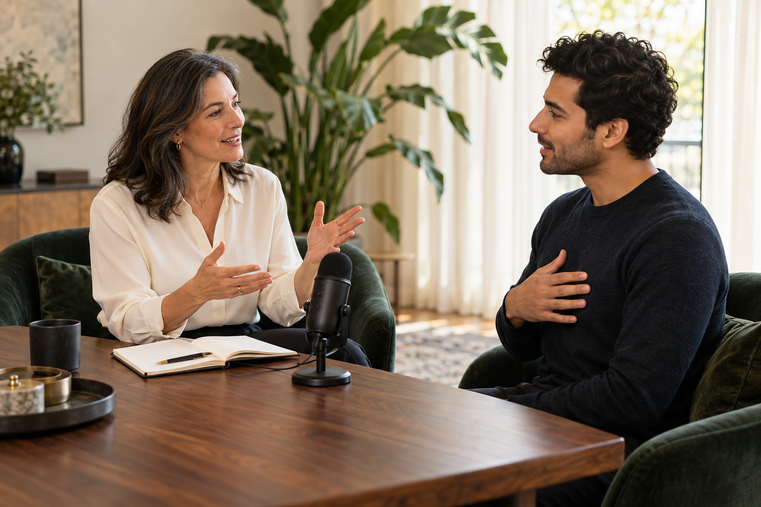 Illustrative one-to-one voice coaching with a desktop microphone