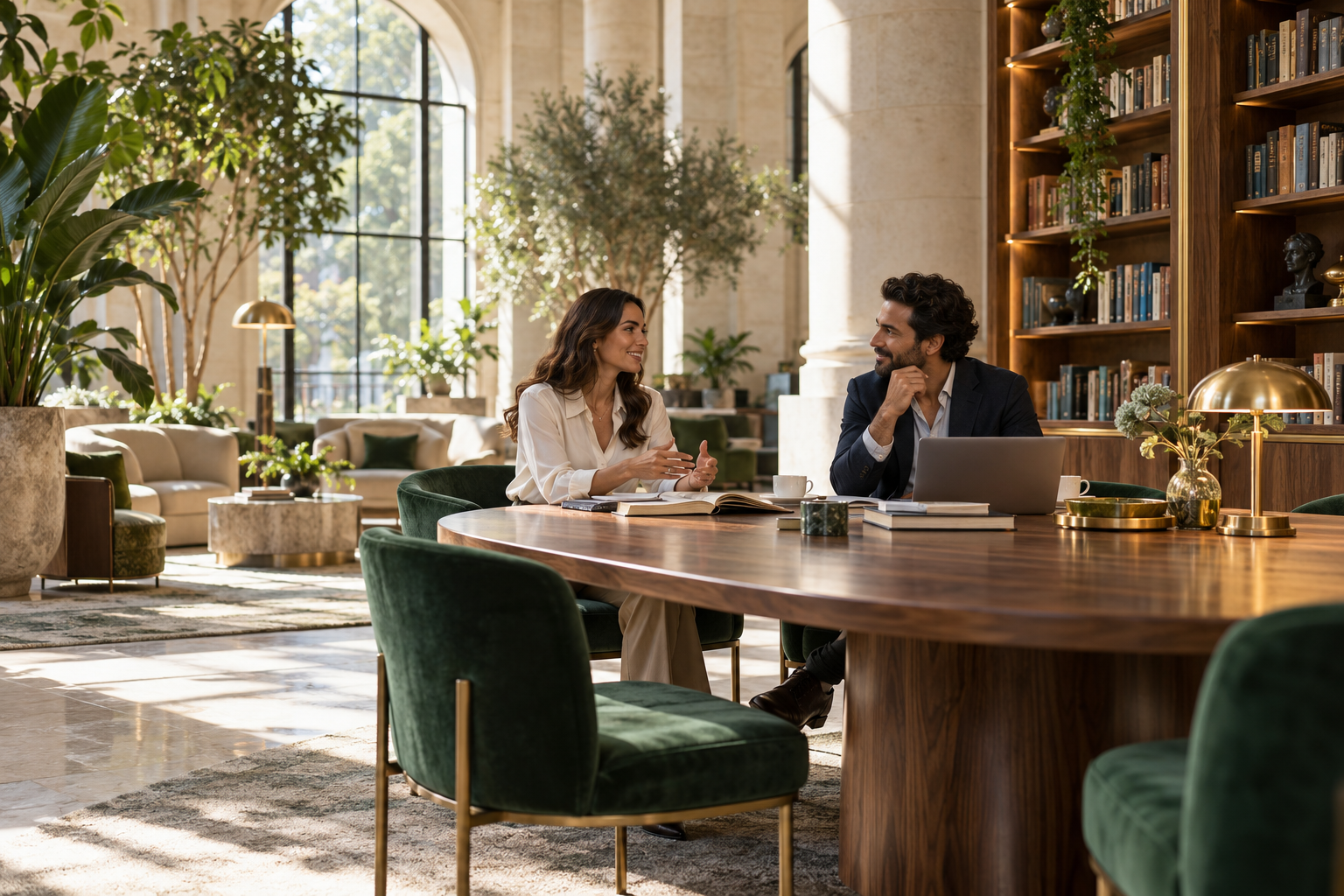 Illustrative professionals conversing in an elegant sunlit learning library