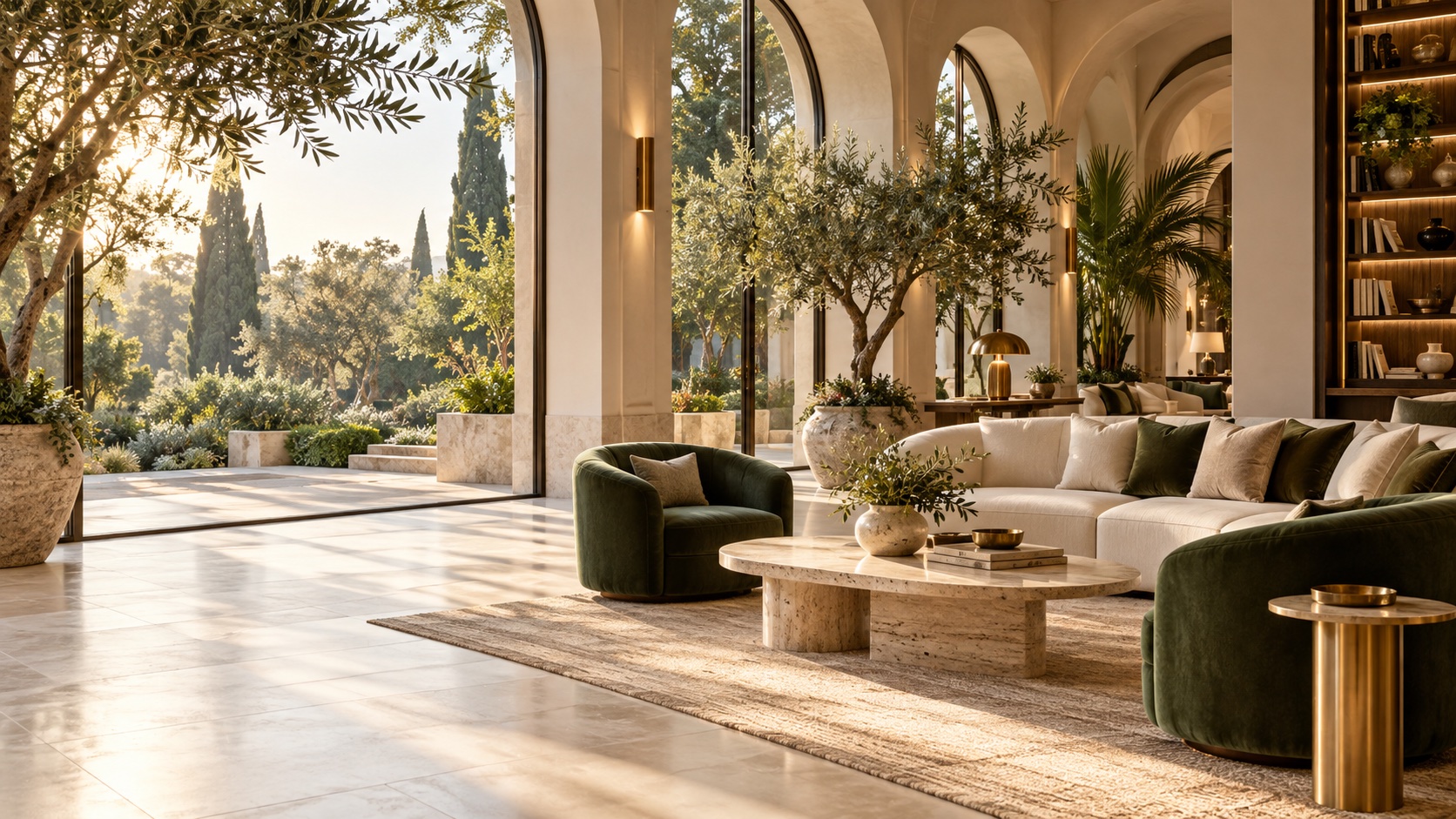 An elegant executive learning lounge with ivory seating, brass accents and lush indoor trees